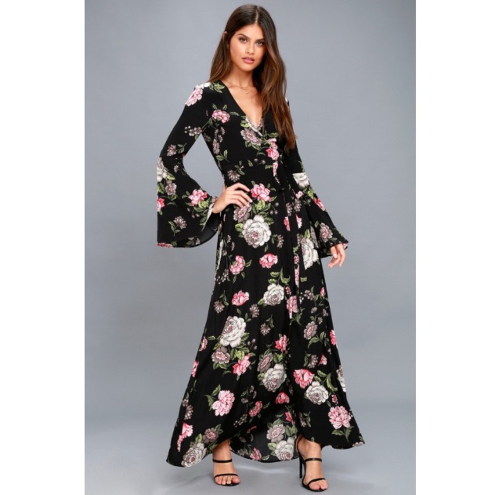 Lulus Floralina Black Floral Print Wrap Maxi Dress